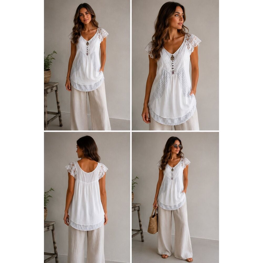 Elisa Cavaletti White Lace Tunic Top XL EU Lagenlook Boho Stripe Hem Embellished